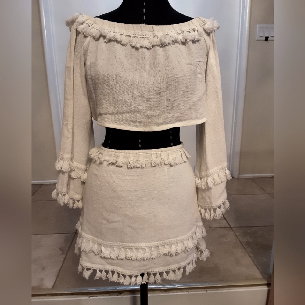 Ivory Tassel Crop Top & Skirt Set